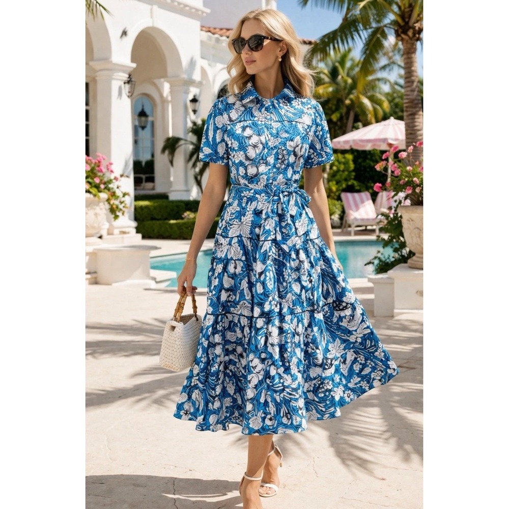 Diane von Furstenberg Queena Blue Floral Midi Shirt Dress Poplin Resort Luxe XS